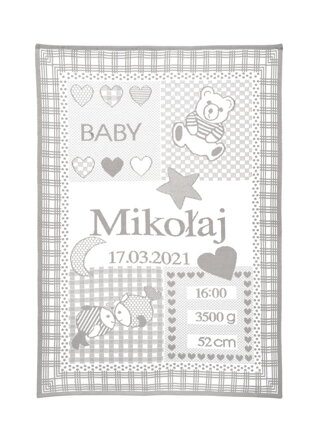 Detská deka s menom a údajmi o narodení, motív znamenie RYBY