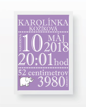 Fotografia s údajmi o narodení, fialová