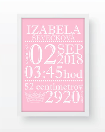 Fotografia s údajmi o narodení, ružová